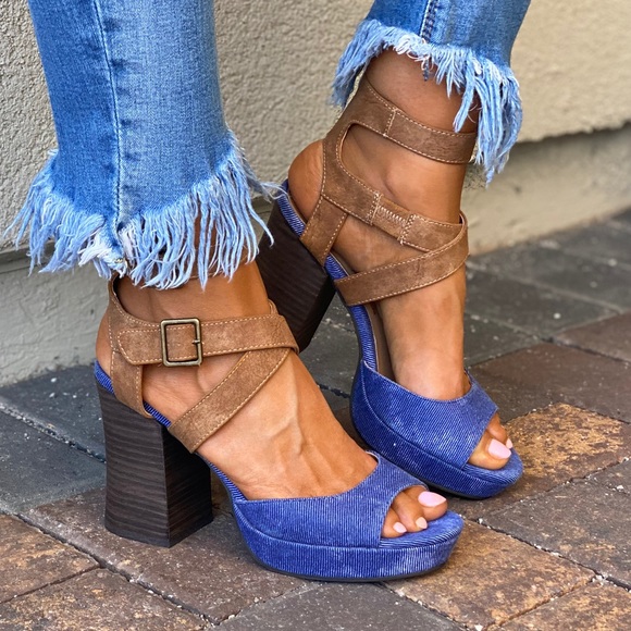 Denim/Tan Color Block Chunky Heel Platform Sandal - Picture 7 of 13